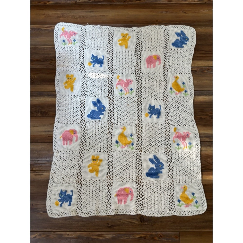 Crochet Baby Blanket Afghan Throw White Blocks Squares Animals Handmade